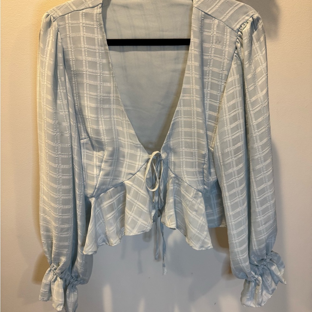 Fashion Nova Light Blue Plaid Blouse